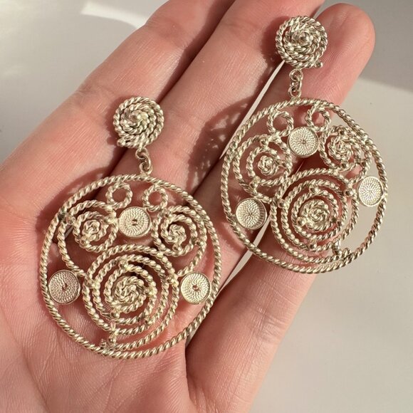 VTG Sterling Silver 925 Filigree Spiral Circle Dangle Earrings Size 2" Length - Picture 6 of 9